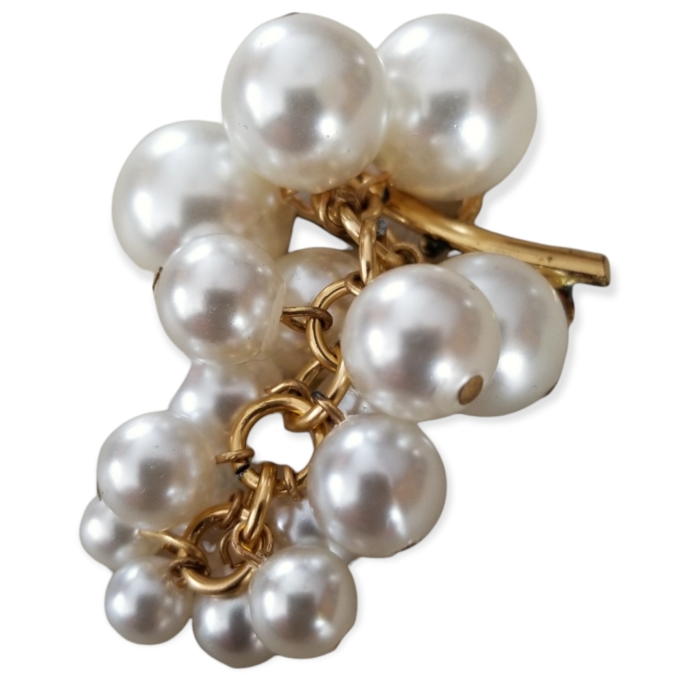 Vintage 1950s Mid Century Faux Pearl Cluster Gold Tone Metal Brooch Pin - Picture 5 of 10